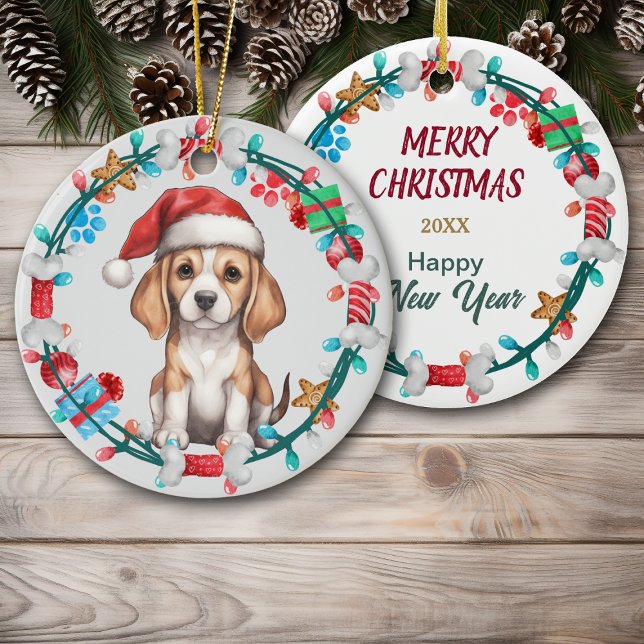 Ornamento De Cerâmica Santa Hat Beagle Puppy Bone Wreath (Criador carregado)