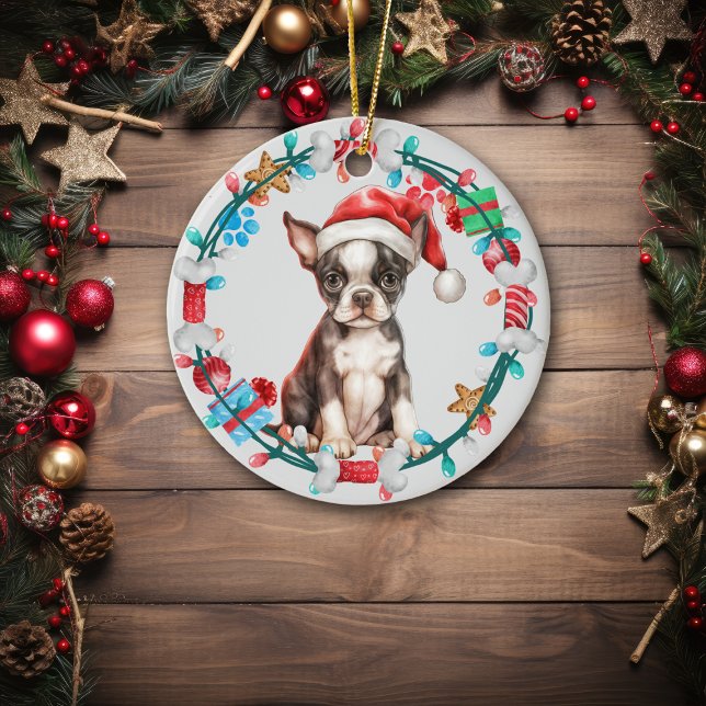 Ornamento De Cerâmica Santa Hat Boston Terrier Puppy Bone Wreath (Criador carregado)