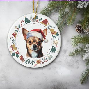 Ornamento De Cerâmica Santa Hat Chihuahua Dog Wreath de Natal