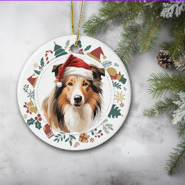 Ornamento De Cerâmica Santa Hat Collie Dog Images Wreath