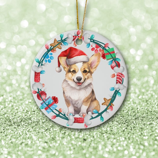 Ornamento De Cerâmica Santa Hat Corgi Puppy Bone Wreath (Criador carregado)
