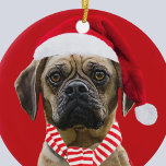 Ornamento De Cerâmica Santa Hat e Scarf com Photo Christmas Dog<br><div class="desc">Este Enfeites de natal único e personalizado apresenta uma foto personalizada do seu querido animal de estimação com um chapéu de Papai Noel e um cachecol. É o presente perfeito para qualquer amante de estimação na sua lista de férias! Envie aos seus entes queridos um Enfeites de natal refinado e...</div>