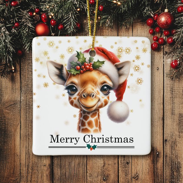 Ornamento De Cerâmica Santa Hat Funny Giraffe Merry Christmas (Criador carregado)