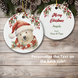 Ornamento De Cerâmica Santa Hat Polar Bear Holly Berries Natal