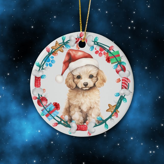 Ornamento De Cerâmica Santa Hat Poodle Puppy Bone Wreath (Criador carregado)