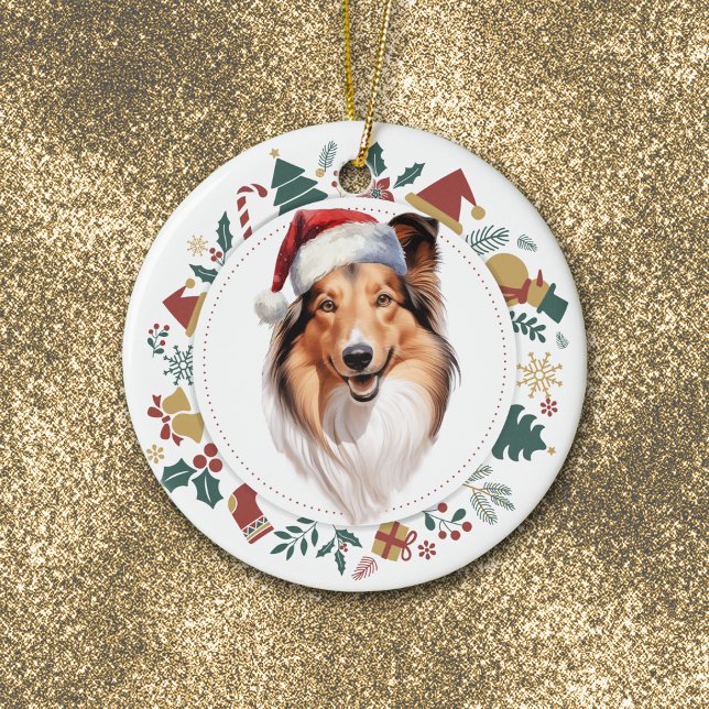 Ornamento De Cerâmica Santa Hat Shetland Sheepdog Wreath de Natal (Criador carregado)