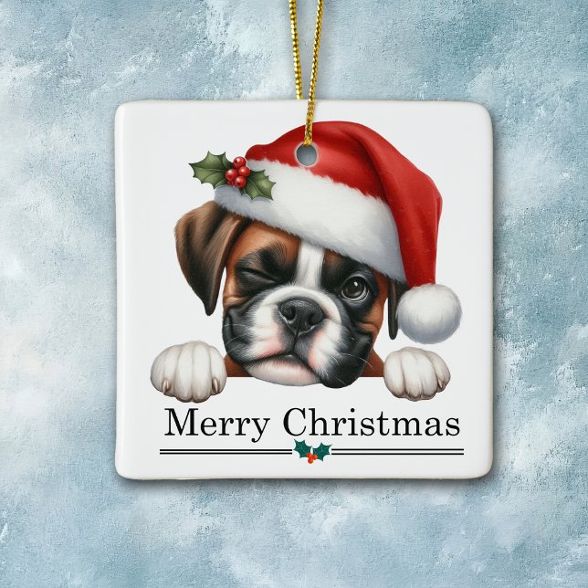 Ornamento De Cerâmica Santa Hat Winking Boxer Dog Puppy Christmas (Criador carregado)
