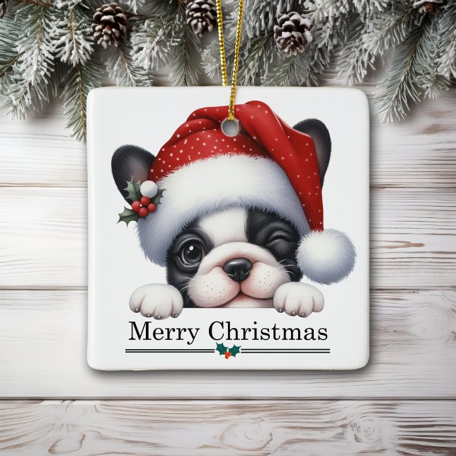 Ornamento De Cerâmica Santa Hat Winking French Bulldog Puppy Christmas (Criador carregado)