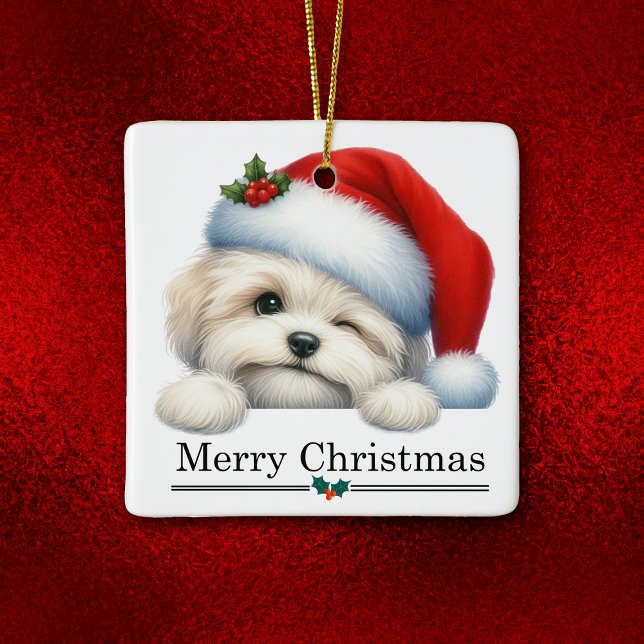 Ornamento De Cerâmica Santa Hat Winking Havanese Puppy Christmas (Criador carregado)