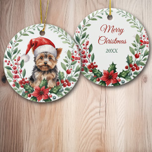 Ornamento De Cerâmica Santa Hat Yorkshire Terrier Poinsettia Wreath