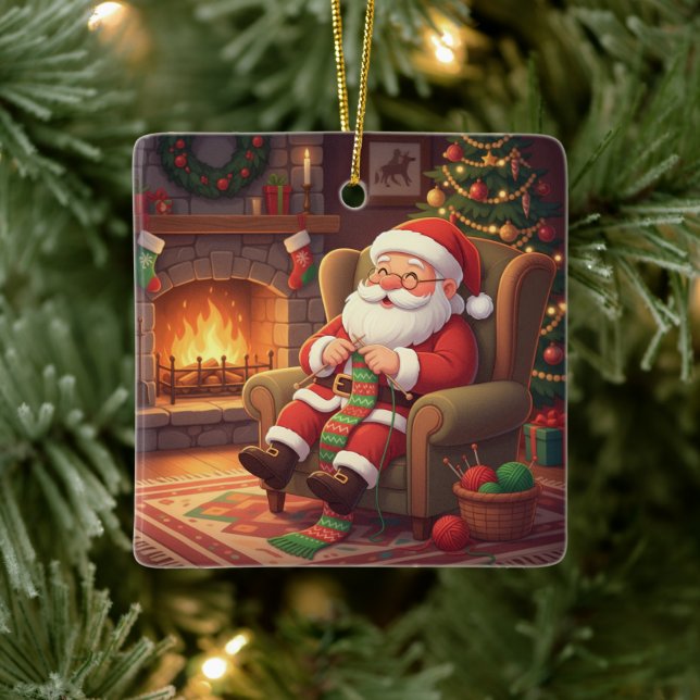 Ornamento De Cerâmica "Santa's Cozy Knitting Nook" Personalized (Árvore)
