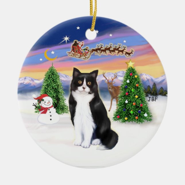 Ornamento De Cerâmica Santas Tire - Black and White cat (ASH) (Frente)