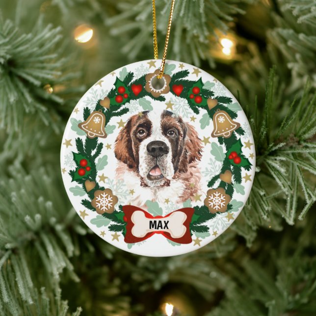 Ornamento De Cerâmica Santo Bernard Dog Christmas Dog Cookie Wreath (Árvore)