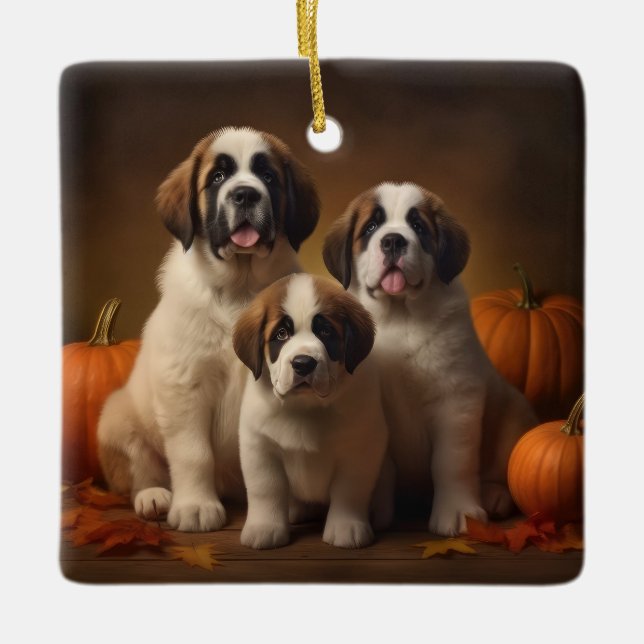 Ornamento De Cerâmica Santo Bernard Puppy Autumn Delight Pumpkin (Frente)