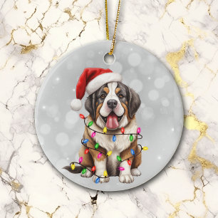 Ornamento De Cerâmica Santo Bernard Puppy nas Luzes de Natal