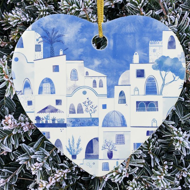 Ornamento De Cerâmica Santorini Grécia Watercolor (Santorini blue and white watercolor art Christmas ornament)