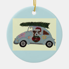 Ornamento De Cerâmica São Bernardo em carro hippie no Natal