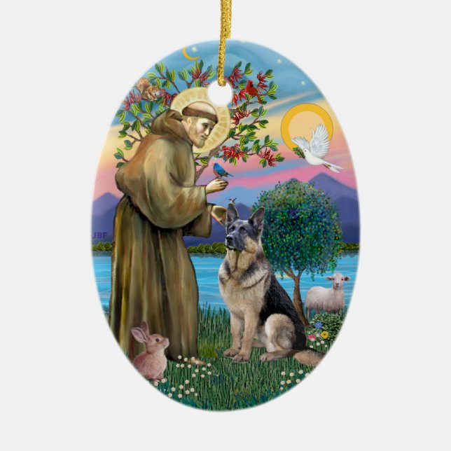 Ornamento De Cerâmica São Francisco (W) - Pastor Alemão (C) (Frente)