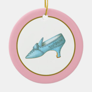Ornamento De Cerâmica Sapato Azul com Borda Rosa e Dourada