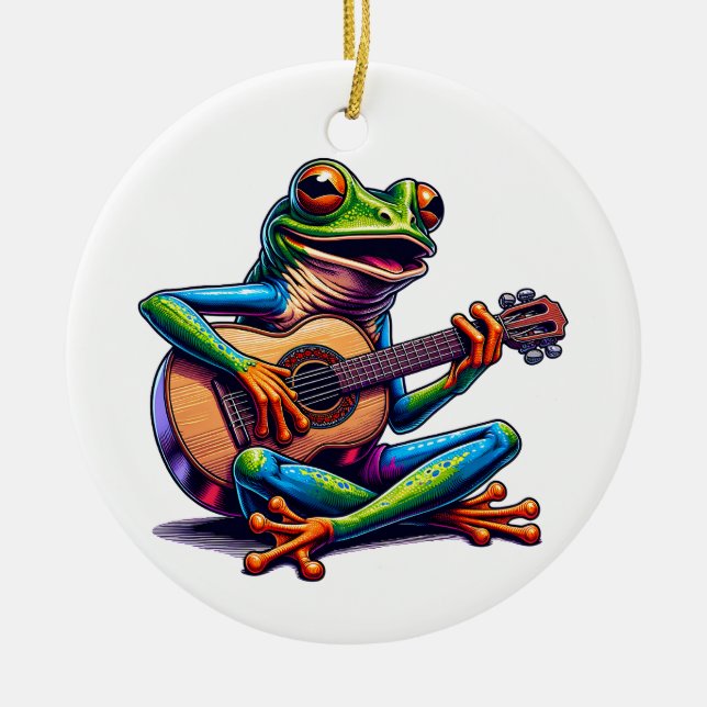 Ornamento De Cerâmica Sapo bonito tocando violão | Toad Pun Natal (Frente)