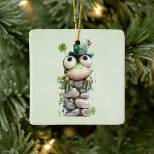 Ornamento De Cerâmica Sapo com Chapéu Verde e Trevo Fofo