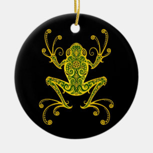 Ornamento De Cerâmica Sapo de árvore verde e preto intrincado