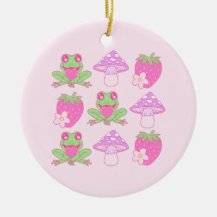 Ornamento De Cerâmica Sapo Kawaii, Cogumelo e Morango