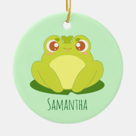 Ornamento De Cerâmica Sapo Verde Sentado Na Folha