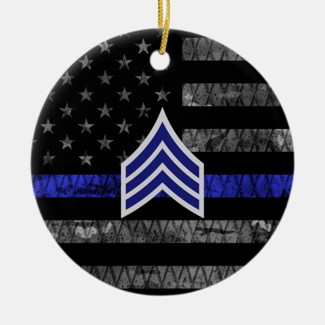 Ornamento De Cerâmica Sargento Stripes Thin Blue Line Sinalizador de Dis (Frente)