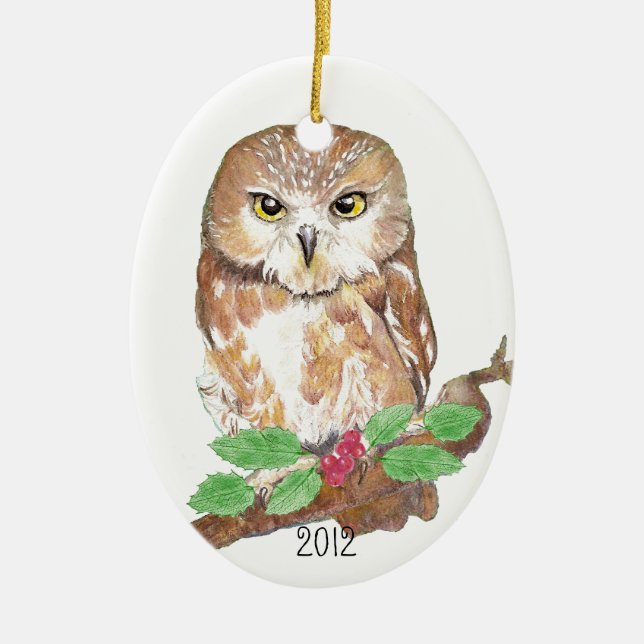 Ornamento De Cerâmica Saw Whet Owl Data (Frente)