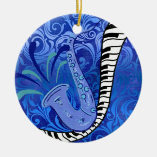 Ornamento De Cerâmica Saxofone Azul e Piano