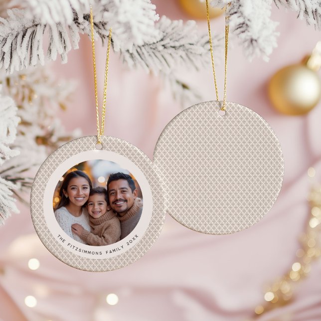 Ornamento De Cerâmica Scandi Tan and White Snowflake Photo (Neutral Snowflake Modern 1 Photo Christmas Ornament )