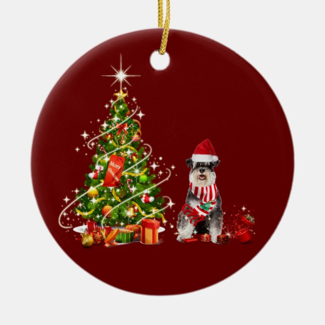 Ornamento De Cerâmica Schnauzer com o Natal do Chapéu (Frente)