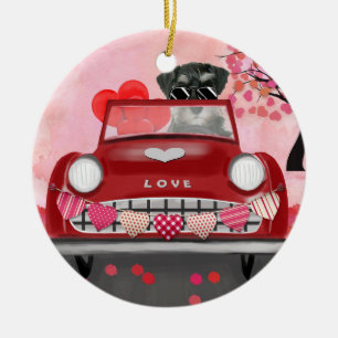 Ornamento De Cerâmica Schnauzer Dog Car with Hearts Valentine's