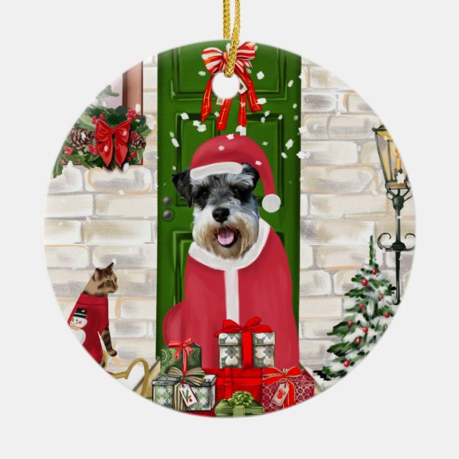 Ornamento De Cerâmica Schnauzer Dog Christmas (Frente)