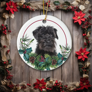 Ornamento De Cerâmica Schnauzer Dog Evergreen Berry Wreath