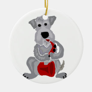 Ornamento De Cerâmica Schnauzer engraçado que joga o saxofone vermelho