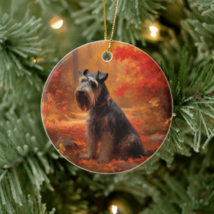 Ornamento De Cerâmica Schnauzer nas Folhas de Outono Caídas Inspira