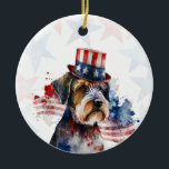 Ornamento De Cerâmica Schnauzer terrier Dog, 4th of july Personalized<br><div class="desc">Celebrate your love for your furry friend and American pride with this personalized 4th of July dog ornament 🇺🇸🐾 The design features a watercolor dog wearing a stars-and-stripes hat on a soft red and blue stars background. Personalize the back with your dog’s name, a custom 4th of July greeting, and...</div>