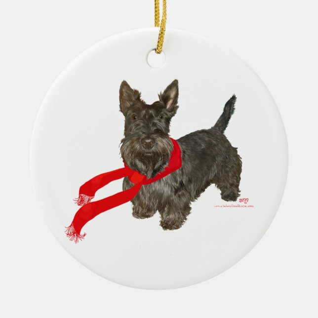 Ornamento De Cerâmica Scottie de Inverno com Cachecol Wam (Frente)