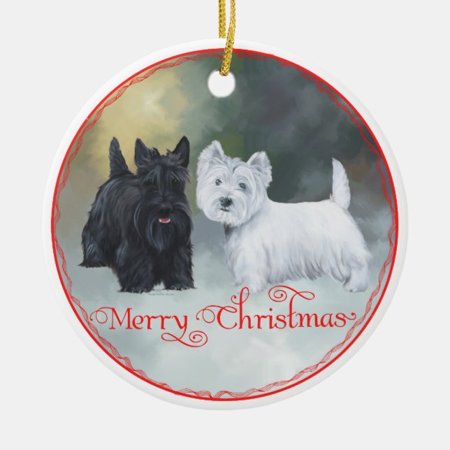 Ornamento De Cerâmica Scottie Westie Christmas (Frente)