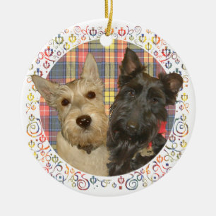 Ornamento De Cerâmica Scotties de Rodas e Negros em Tartan