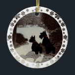Ornamento De Cerâmica Scotties em Surreal Winter Night<br><div class="desc">O design de Terrier de Natal criou do meu trabalho artístico original e está disponível em roupas, novidade e presentes para você mesmo, ou para aquela pessoa especial do Terrier escocês que você conhece! Quer um produto diferente? Basta ir para a página do produto e clicar em Transferir este Design...</div>