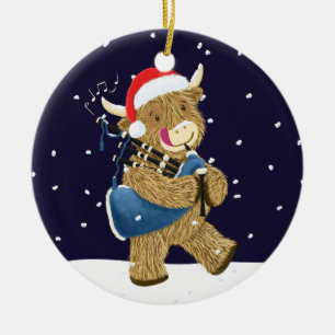 Ornamento De Cerâmica Scottish Highland Cow Christmas Piper