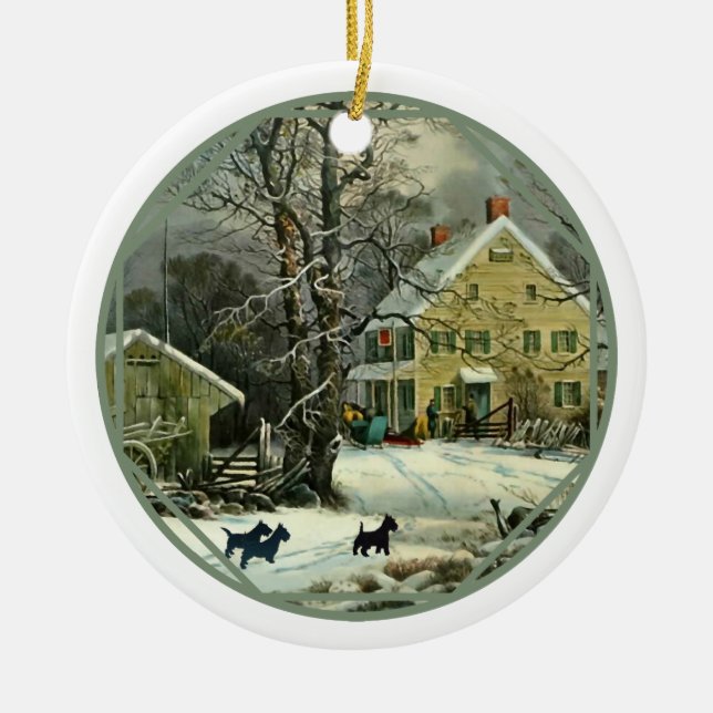 Ornamento De Cerâmica Scottish Terrier Old Fashiated Winter (Frente)