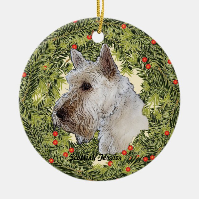Ornamento De Cerâmica Scottish Terrier Wreath (Frente)