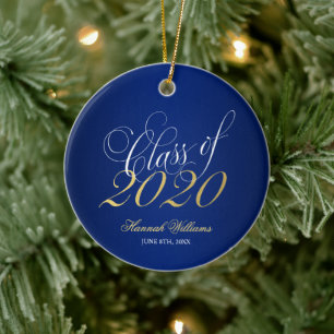 Ornamento De Cerâmica Script Blue Dourado Classe de Graduação 2020