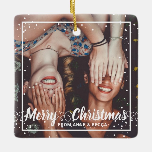 Ornamento De Cerâmica Script com o Heart Photo Red Keepsasaet (Frente)