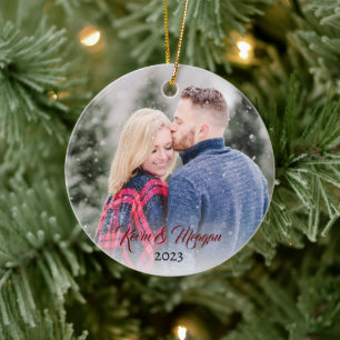 Ornamento De Cerâmica Script de Caligrafia   Nome da família Foto frente