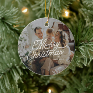Ornamento De Cerâmica Script de Foto de Natal Merry Retro Modern
